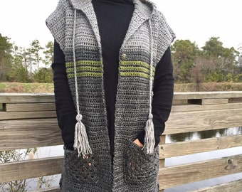 Easy Crochet Tunic Vest, Women's Hooded Vest, Women's Crochet Sweater, Town & Country Tunic Vest, Simple Crochet Sweater Vest, Long Vest