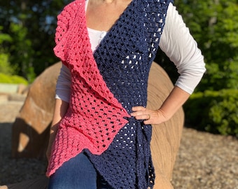 Long Crochet Vest, Women’s Wraparound Vest, Gemma Tunic Vest, Granny Stitch Top, Easy Crochet Top Pattern, Simple Women’s Crochet Vest
