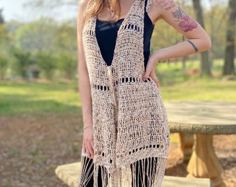 Eenvoudig gehaakte zomertop, Coquina-strandkleed, eenvoudig gehaakte tuniek met franje, zomermode damestop, gehaakte lichte lange tuniek