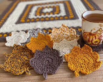 Crochet Table Cloth and Coasters, Autumn Table Cover and Leaf Coaster Set, Simple Crochet Table Runner, Fall Leaf Coaster Set, Granny Square
