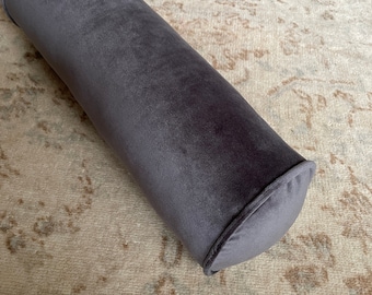 Fodera in velluto grigio per cuscino cilindrico, cuscino cilindrico grande, cuscino in velluto grigio, cuscino decorativo per letto, disponibile in diverse misure.