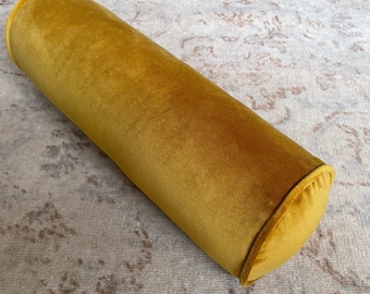 Copriletto rotondo in velluto giallo senape, cuscino in velluto giallo, cuscino a rullo giallo, cuscino a cilindro giallo, cuscino a rullo per letto matrimoniale