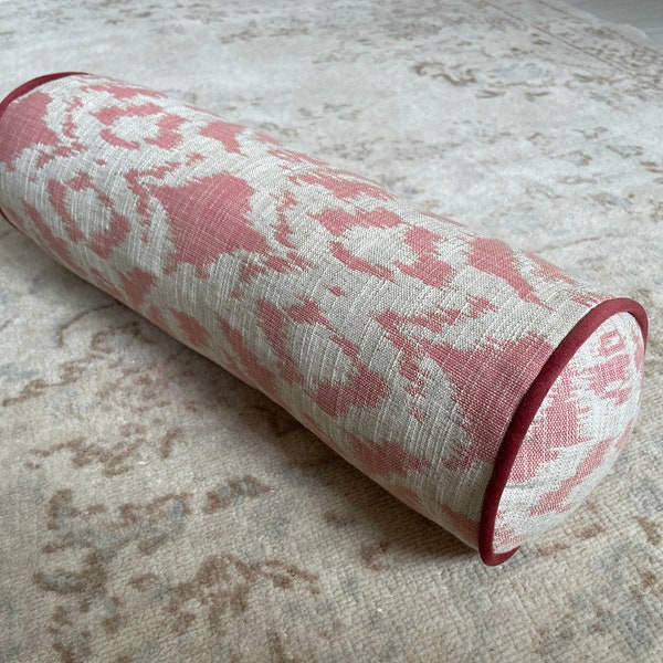 Coral pink and cream bolster cover, Ikat pillow, Bolster pillow, Coral pink accent, Cyclinder pillow, Neckroll pillow