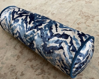 Blue white bolster velvet pillow cover, animal print bolster pillow, Hamptons accent, Cyclinder pillow, Neckroll pillow
