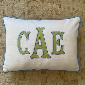 May include: Rectangular white pillow with the embroidered letters "CAE" in green with a light blue outline. The pillow has a light blue border and is placed on a patterned beige rug.