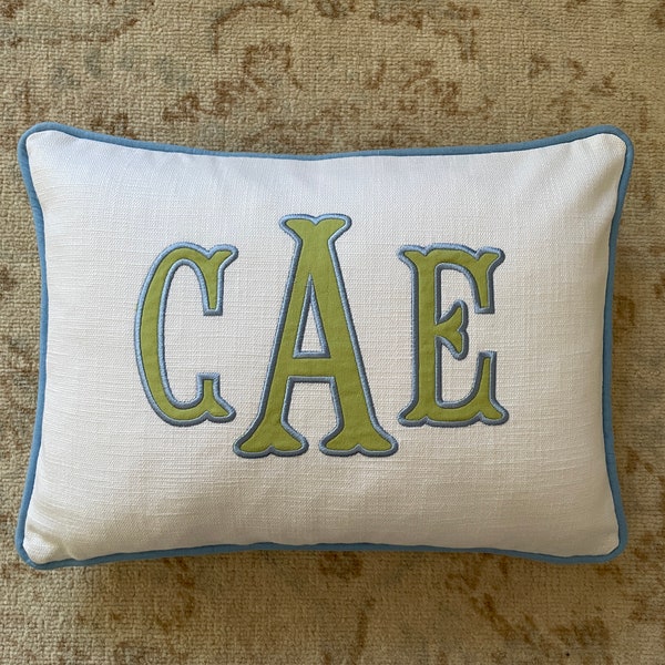 Monogrammed pillow cover, Applique initial pillow, Custom name pillow, Green blue white linen pillow