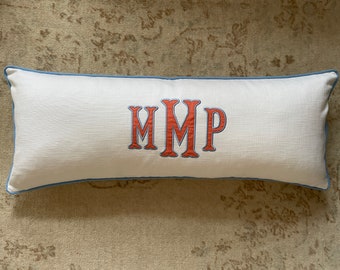 Monogrammed pillow cover 14x36, Monogram cushion, Long bed pillow, Personalized pillow, Linen cotton pillow