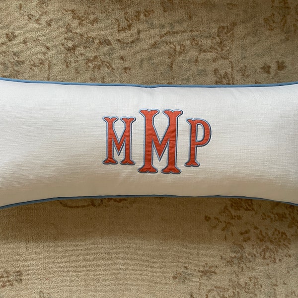 Monogrammed pillow cover 14x36, Monogram cushion, Long bed pillow, Personalized pillow, Linen cotton pillow