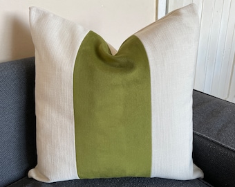 green velvet and cream linen pillow cover, green panel pillow, Bi color pillow, olive green pillow, green lumbar pillow