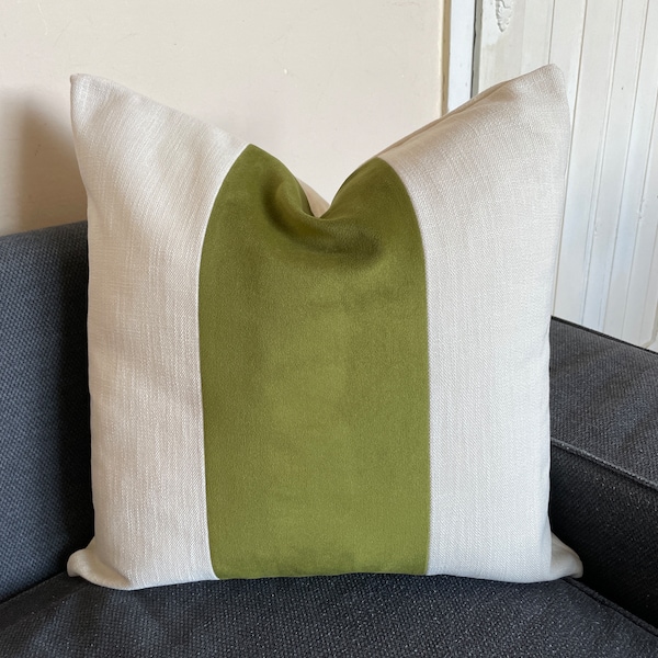 green velvet and cream linen pillow cover, green panel pillow, Bi color pillow, olive green pillow, green lumbar pillow