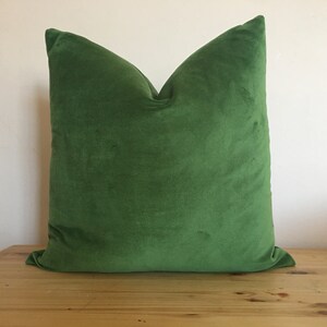 May include: A square, emerald green velvet pillow. The pillow is plush and has a soft, textured appearance. The pillow is sitting on a light brown wooden surface. Home decor item.