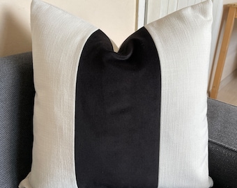 black velvet and white linen pillow cover, black block pillow, bi color velvet pillow, three panel pillow, 12x20 22x22 24x24 26x26