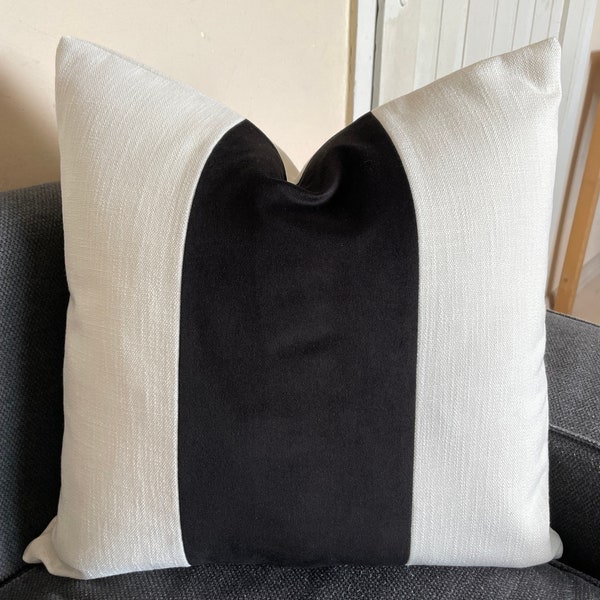 black velvet and white linen pillow cover, black block pillow, bi color velvet pillow, three panel pillow, 12x20 22x22 24x24 26x26