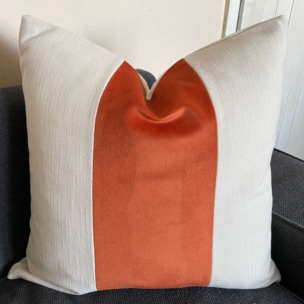 burnt orange velvet and cream pillow cover, orange velvet cushion, color block pillow, bi color pillow