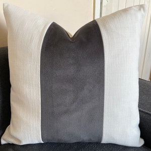 Gray velvet and white pillow, Dark gray velvet pillow, Gray block pillow, Gray white panel pillow,