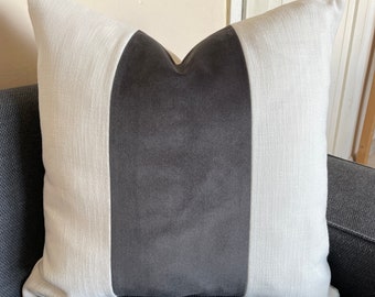 Gray velvet and white pillow, Dark gray velvet pillow, Gray block pillow, Gray white panel pillow,