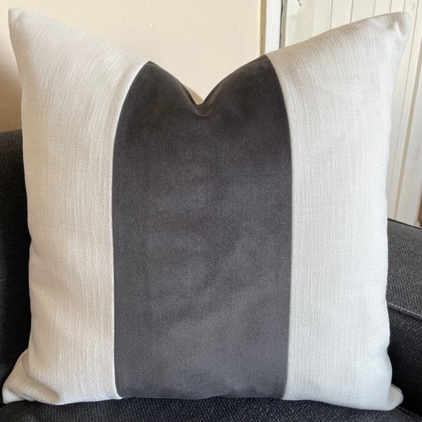 Gray velvet and white pillow, Dark gray velvet pillow, Gray block pillow, Gray white panel pillow,