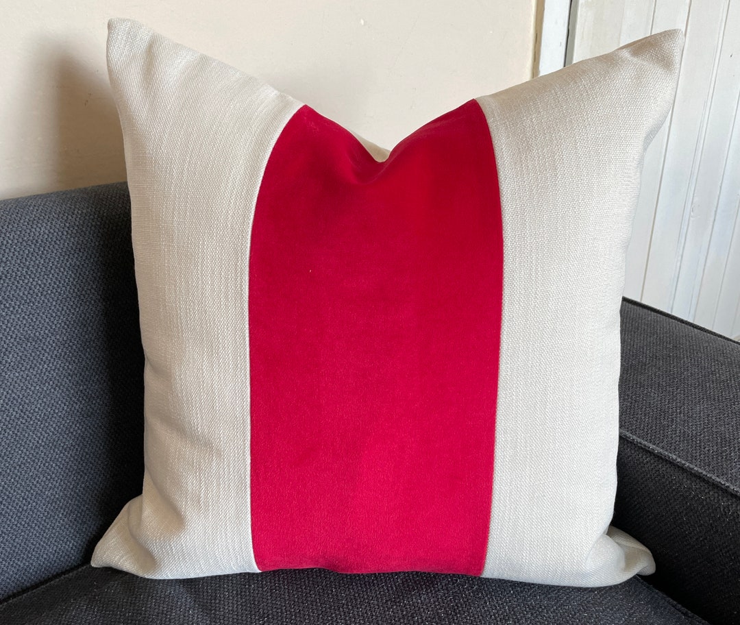 Pinkish Red and Cream Pillow Cover, Panel Pillow Cover, Pink Block