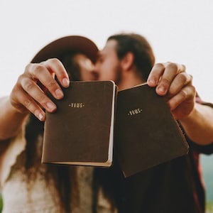 Modern Rustic Leather Wedding Vow Books- set of 2 - LGBTQ inclusive (4&quot;x4.5&quot;/10cmx 11.5cm)