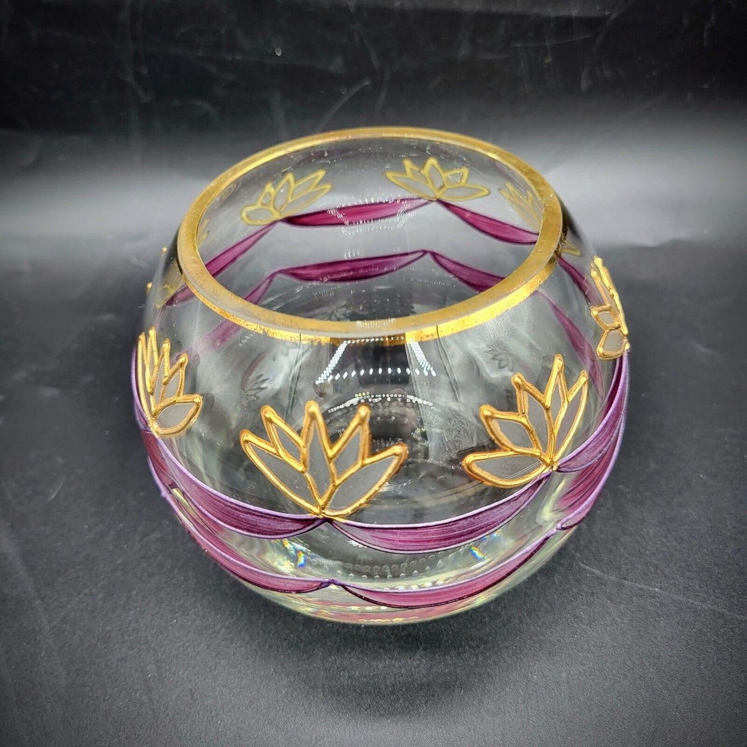 Bohemian Czech Glass Bowl Candle Holder or Vase Handpainted Swags Gold ...