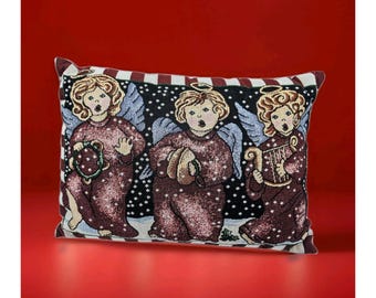 Vintage muzikaal kerstengeltrio tapijtkussen cherubijn 16 x 12" landelijke boerderij