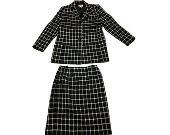 Vtg Classic Talbots Houndstooth Black And White Checker Wool Blazer And Skirt Size 8P