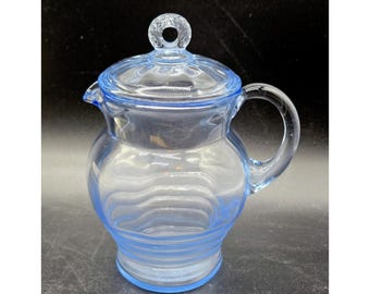 Vintage Blue Ribbed Art Glass 6 3/4" Lidded Pitcher GLOWS Under Black Light Boho