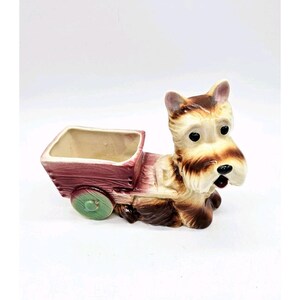 Vintage Scotty Dog trekt MCM-kar keramische plantenbakvaas Kitsch Schotse terriër