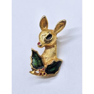Broche vintage de Natal Rudolph, a rena do nariz vermelho, com broche de azevinho, MCM