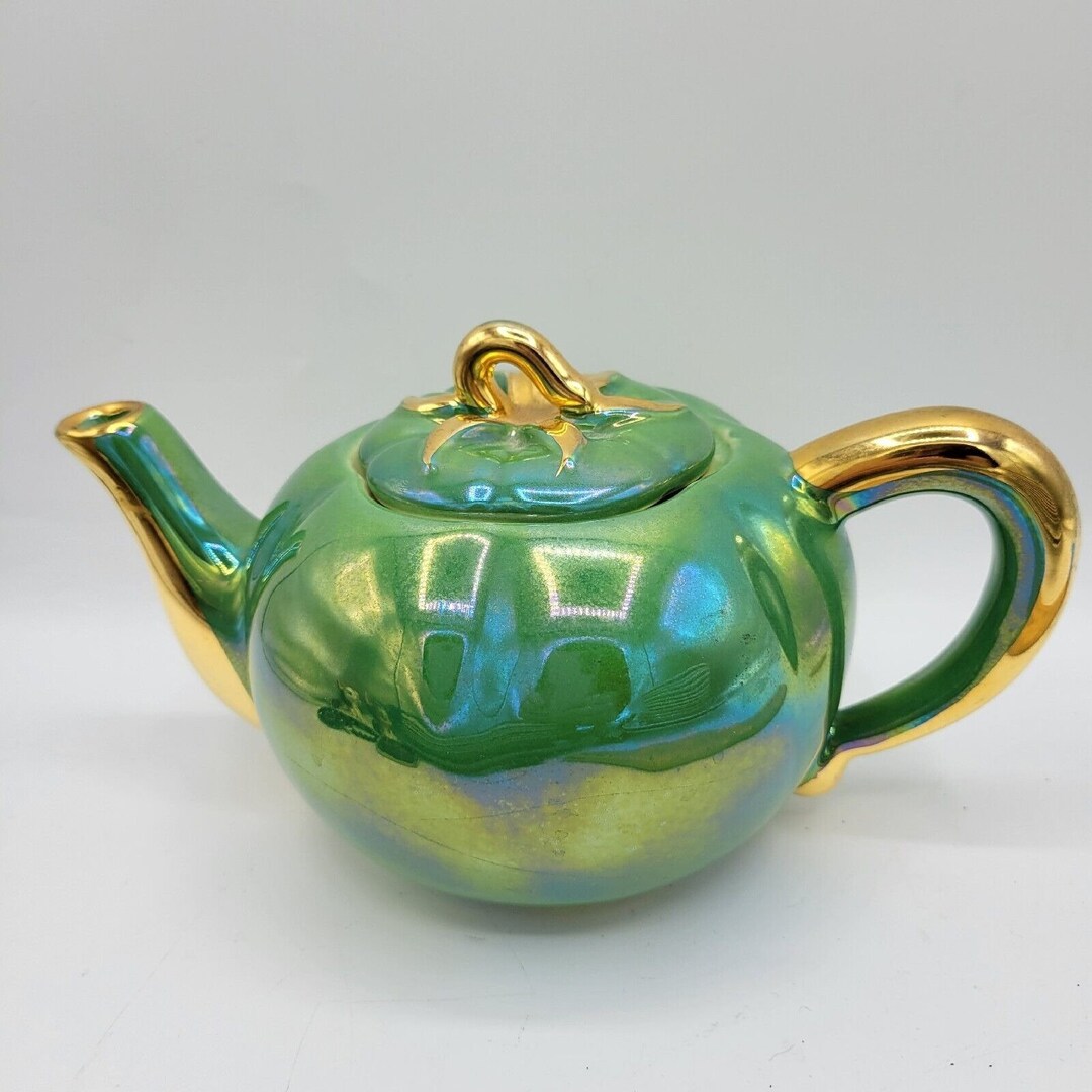 Vintage Green and Gold Iridescent Teapot Green Tomato With Lid - Etsy