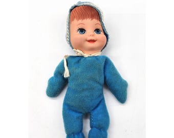 Vintage 1960s Floppy Tots Bean Bag Baby Doll Blue Blue Clothes Eyes Fun World