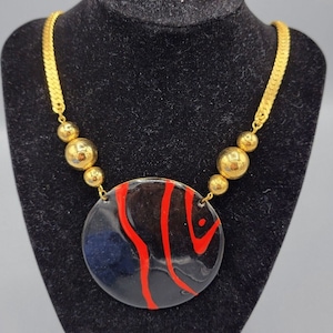 Retro Round Black & Red Enamel Pendant , 11&quot; Gold Chain Costume Jewelry Necklace