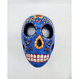 Hand Carved Wood Sugar Skull Mask Halloween Day Of The Dead Folk Art Oddity