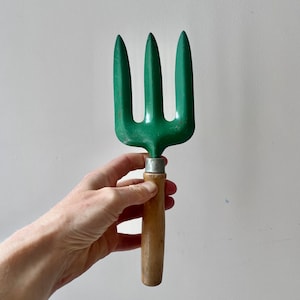 Vintage Green mini gardening hand fork , wood and metal gardening fork , hand tool for garden,