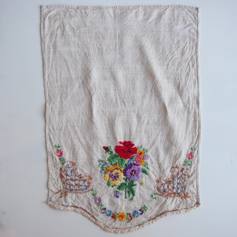 Vintage Linen Embroidered Floral Chair Backs Cream Linen Etsy