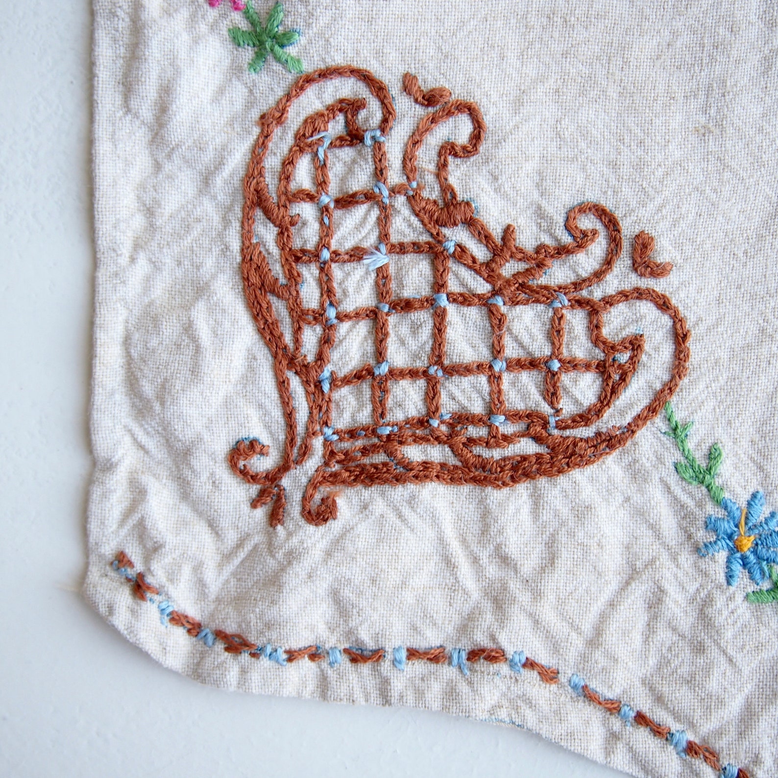 Vintage Linen Embroidered Floral Chair Backs Cream Linen Etsy