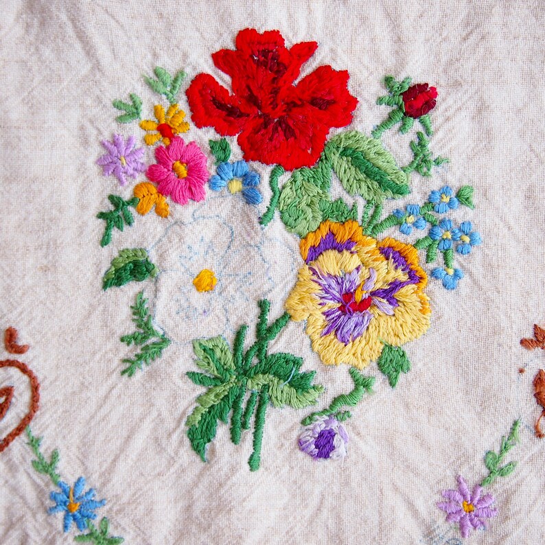 Vintage Linen Embroidered Floral Chair Backs Cream Linen Etsy