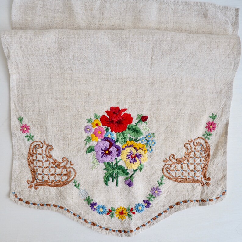Vintage Linen Embroidered Floral Chair Backs Cream Linen Etsy