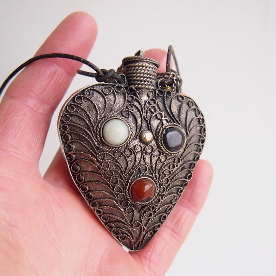 Vintage filigree silver heart perfume scent bottl… - image 1