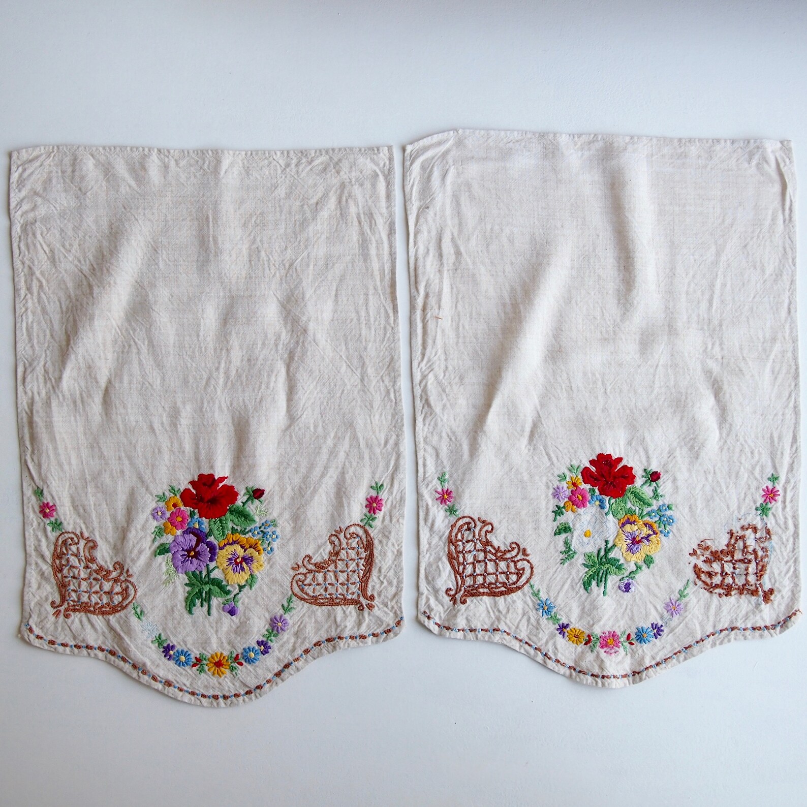 Vintage Linen Embroidered Floral Chair Backs Cream Linen Etsy