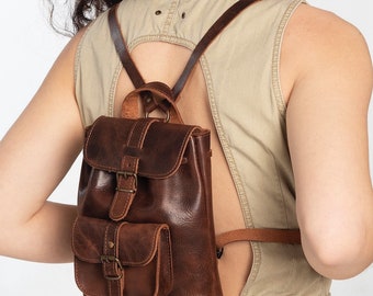 dark brown mini backpack Leather Mini Backpack Purse: Dark Brown & Caramel Suede, Metal Buckles