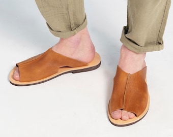 Handmade Leather Slides Men's Sandals: Greek Summer Shoes