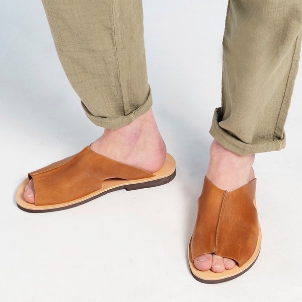 LEATHER SLIDES MEN sandals mens summer shoes handmade cowhide shoes for men “Homeros” handmade in Greece