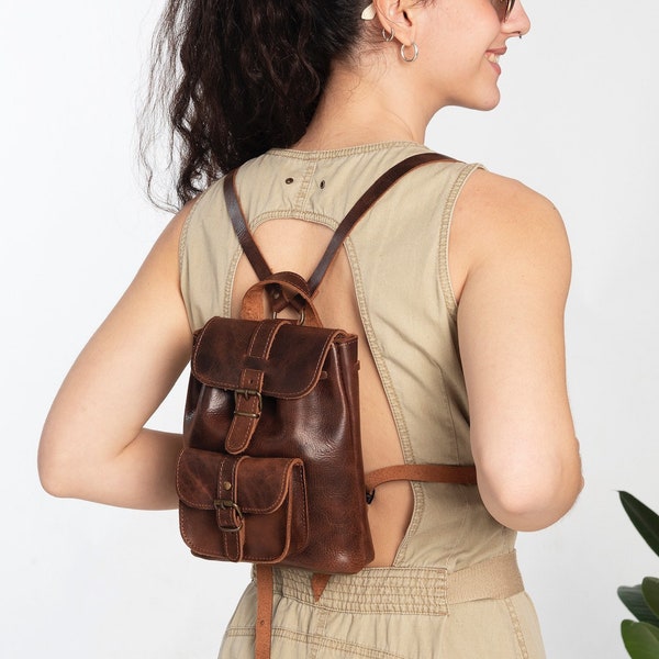 MINI BACKPACK PURSE leather small "Filia"  dark brown leather & caramel suede  and pocket metal buckles ,personalized gift, laser engrave