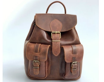 LEATHER BACKPACK ,brown leather bag, full grain leather, men women rucksack with front pockets