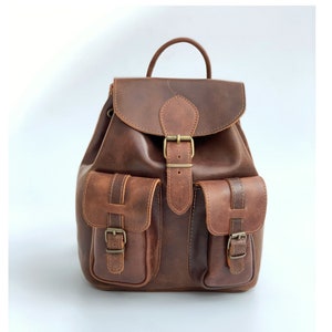 LEATHER BACKPACK ,brown leather bag, full grain leather, men women rucksack with front pockets