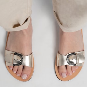 Handmade Leather Sandals: Gold Buckle Summer Slides