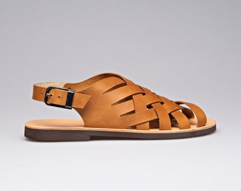 Tan Leather Ankle Strap Sandals: Handmade Grecian Style