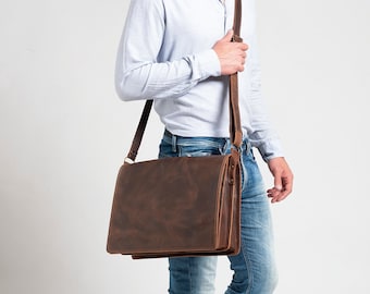 LEATHER MESSENGER BAG mens briefcase crossbody bag 17" laptop bag