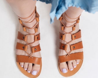 Knee High Gladiator Sandals: Leather Tie-Up Roman Sandals